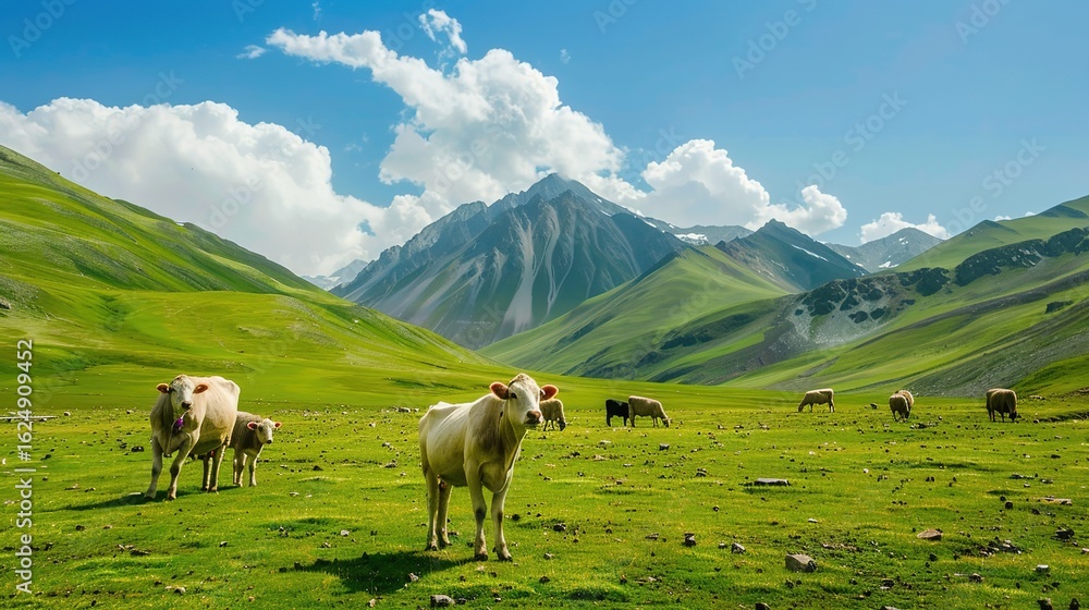 Fototapeta premium Festive Whispers of the Grassland: New Year Decorations Illuminate Cattle and Sheep Scenery in Charming Images Stretching across the sun-kissed grassland, flocks of sheep and herds of cattle graze pea