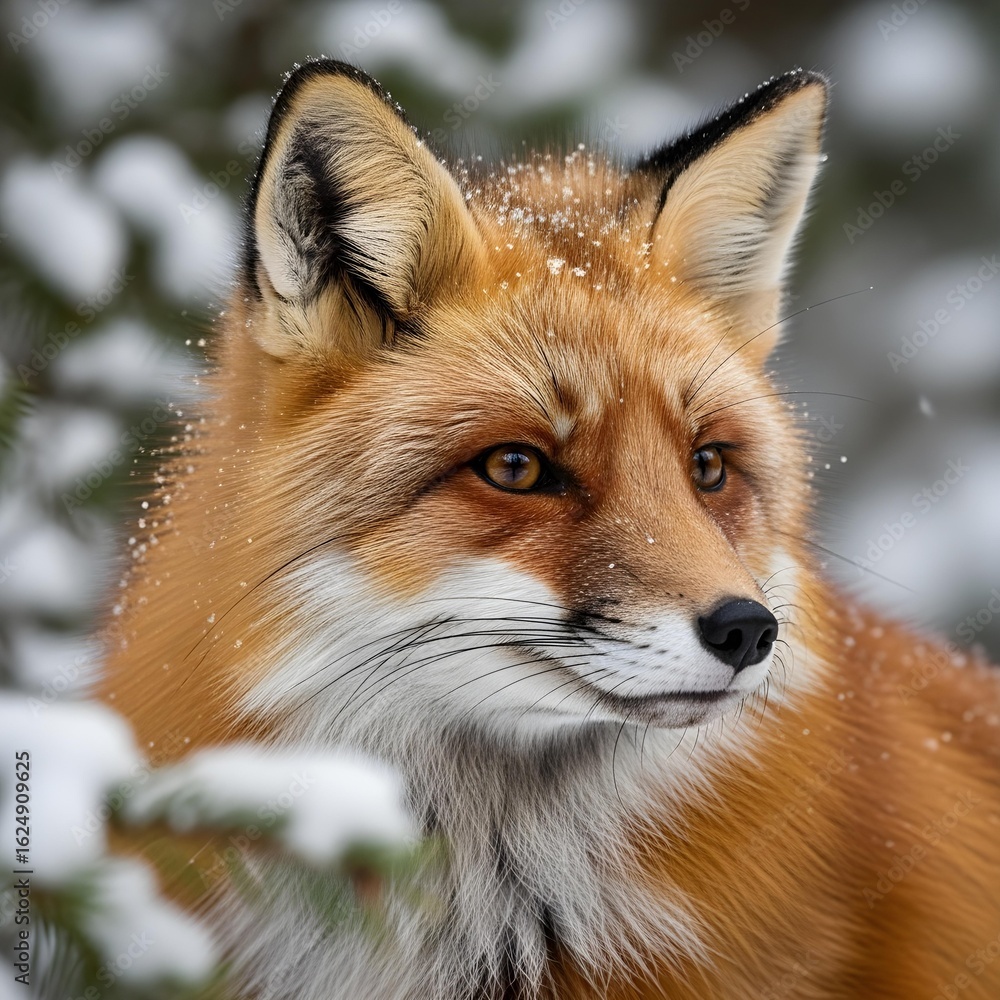 Fototapeta premium A close-up portrait of a red fox in a winter forest, snow on its fur, sharp detail
