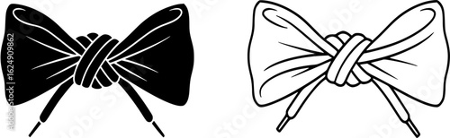 Stylized vector icon of knotted shoelaces in a bow tie shape, ideal for fashion, sneakers, shoes, and footwear design. Includes black and outline versions