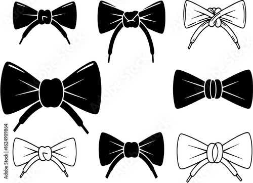 Stylized vector icon of knotted shoelaces in a bow tie shape, ideal for fashion, sneakers, shoes, and footwear design. Includes black and outline versions