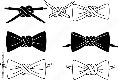 Stylized vector icon of knotted shoelaces in a bow tie shape, ideal for fashion, sneakers, shoes, and footwear design. Includes black and outline versions