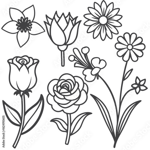 flower silhouettes vector icon set, featuring roses, tulips, lilies, and sunflowers, ideal for floral designs, nature themed graphics