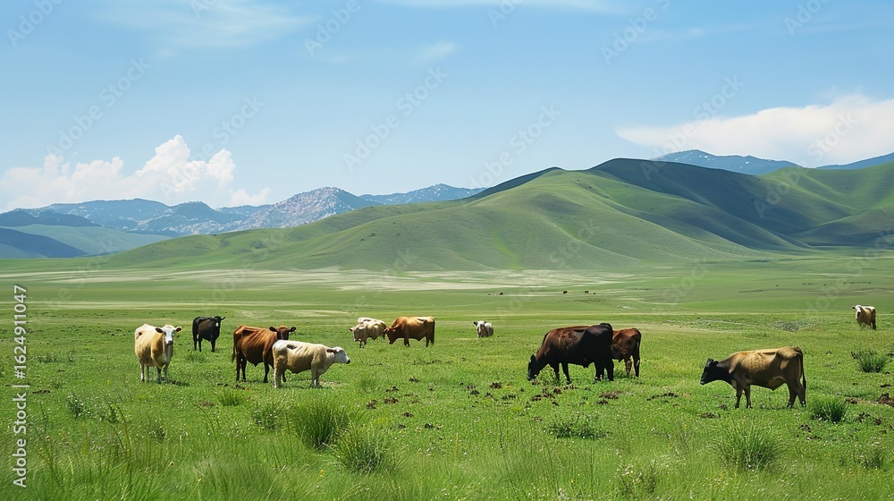 Obraz premium Festive Whispers of the Grassland: New Year Decorations Illuminate Cattle and Sheep Scenery in Charming Images Stretching across the sun-kissed grassland, flocks of sheep and herds of cattle graze pea