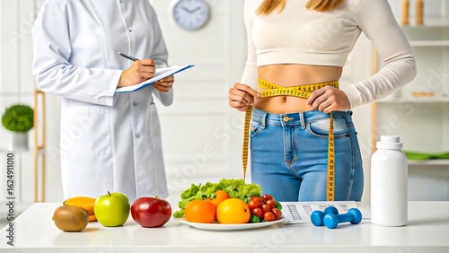 Weight loss consultation with nutritionist measuring waist and healthy food on table in bright medical office
