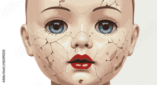 Minimalist flat vector broken doll face