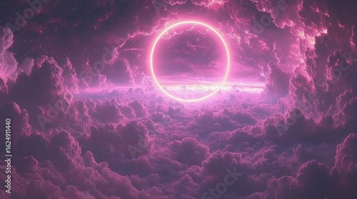 Ethereal Pink Celestial Dreamscape: A surreal landscape of vibrant pink clouds and a glowing neon circle in the heavens.