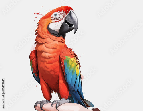 The artwork of Macaw is set against a clean white background, which is dynamically broken up by splashes and drips of paint in various colors, including red, orange, and yellow.  (1)