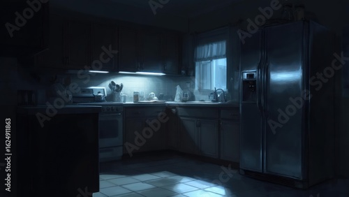 Dark, dimly lit kitchen at night, appliances visible