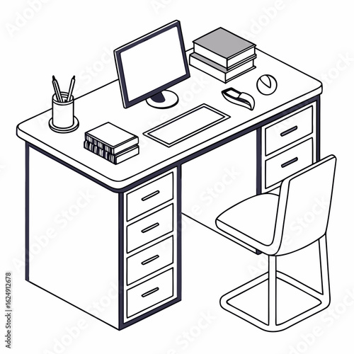 A clean isometric line drawing of a modern office desk with computer books and a chair