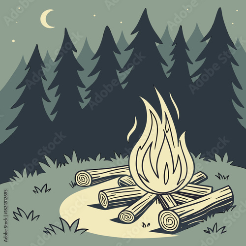 A cozy campfire crackles brightly in a dark forest under a crescent moon and starry sky