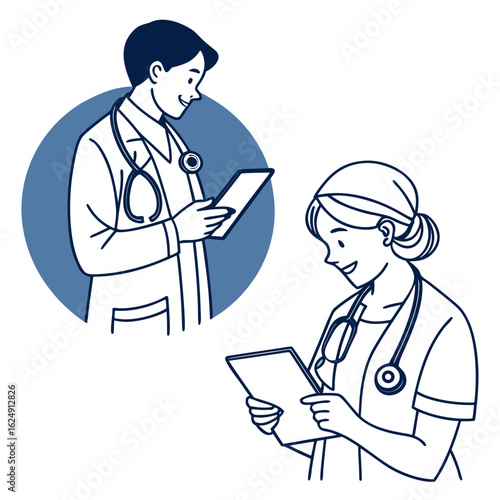 Diverse medical professionals a male doctor and a female nurse reviewing patient information on digital tablets