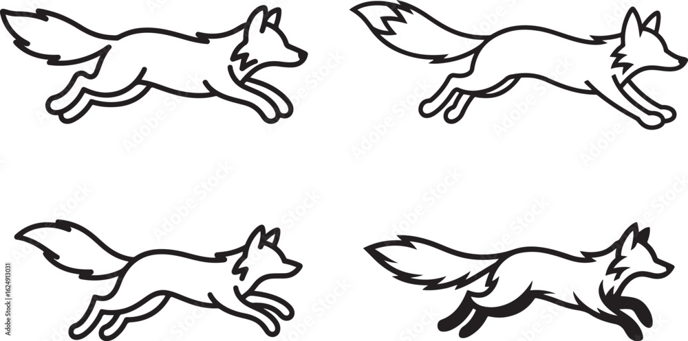 Fototapeta premium Running Fox Silhouette Line Vector Icon Set, Wild Animal Bundle, fox walking symbol art, fox illustration set.