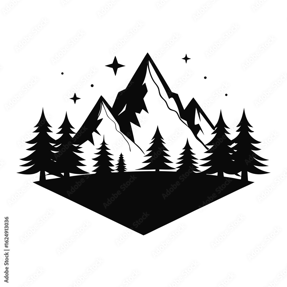 Obraz premium Pine Forest Under Starry Sky – Black Silhouette Vector