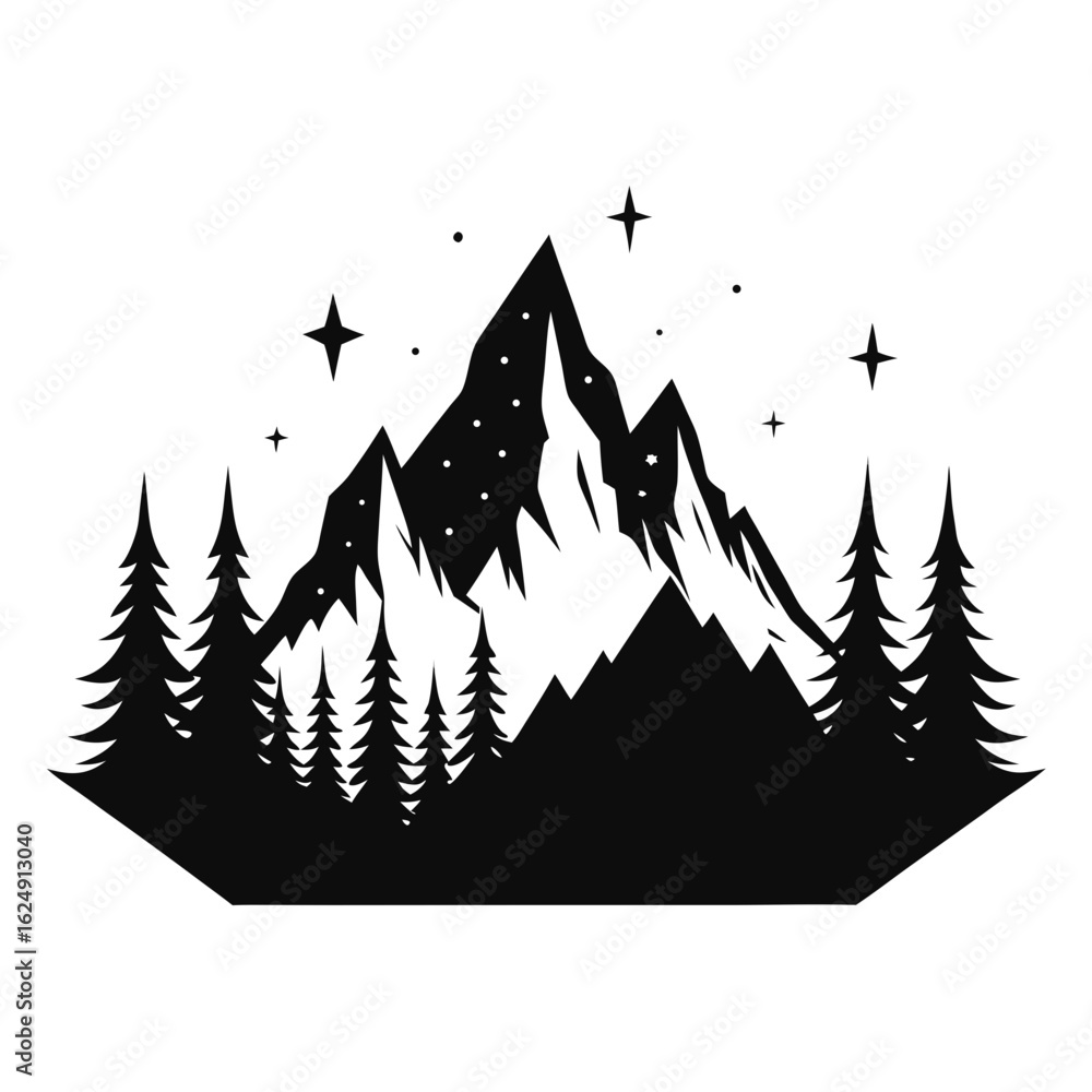 Fototapeta premium Pine Forest Under Starry Sky – Black Silhouette Vector