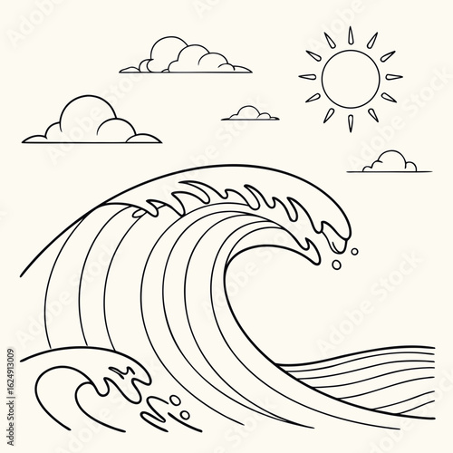 Stylized line art depicting a large ocean wave under a sunny sky with scattered clouds