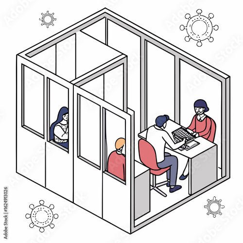 Social distancing office cubicles with virus icons illustrating workplace safety measures