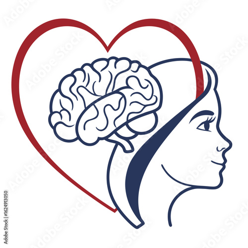 Symbolic representation of a woman s head with a brain inside a heart symbolizing emotional intelligence and cognitive well being