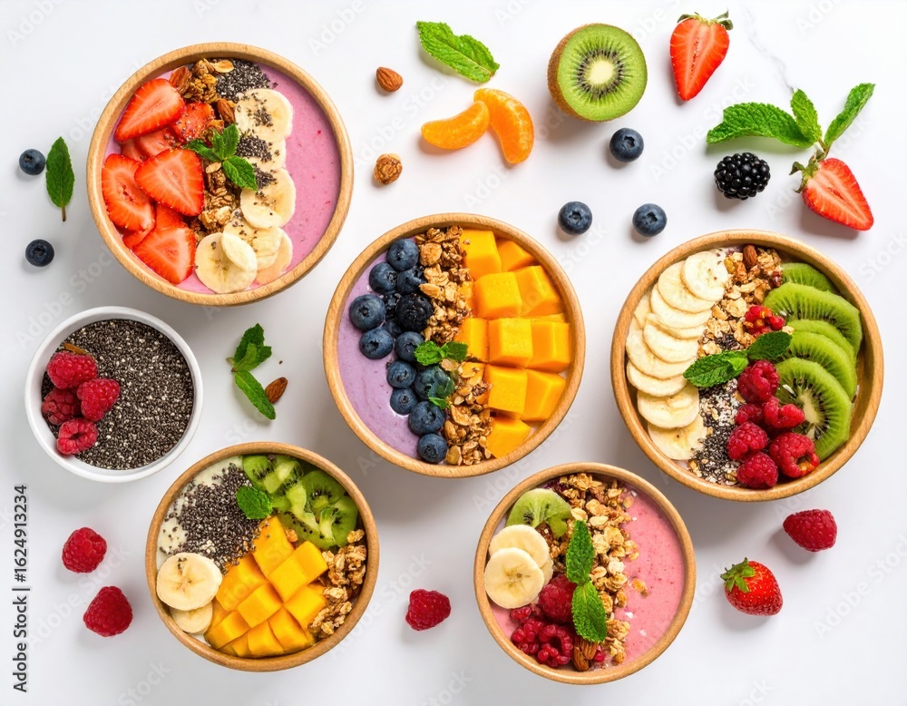 Vibrant Healthy Breakfast Bowls Overflowing with Fresh Fruit Nuts and Berries for Nutritious Morning Energy Vibrant Healthy Breakfast Bowls Overflowing with Fresh Fruit Nuts and Berries for Nutritious Morning Energy
