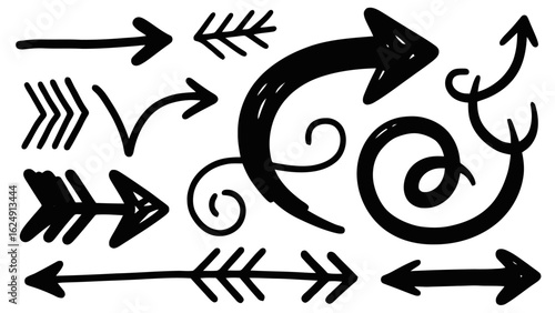 Illustration of assortment of handdrawn arrows with different shapes and curves, isolated on white background