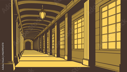 Architectural perspective drawing of long hallway with columns and windows vector illustration