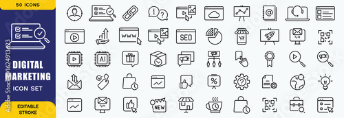 Digital marketing icon set. Containing seo, content, website, social media, sales and online advertising. Solid vector symbol collection