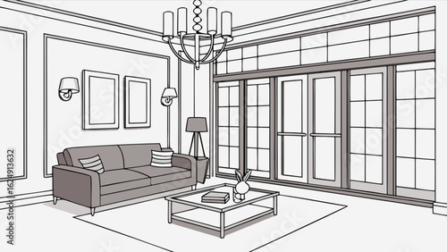 Interior design living room illustration with sofa chandelier and large windows for home decor ideas