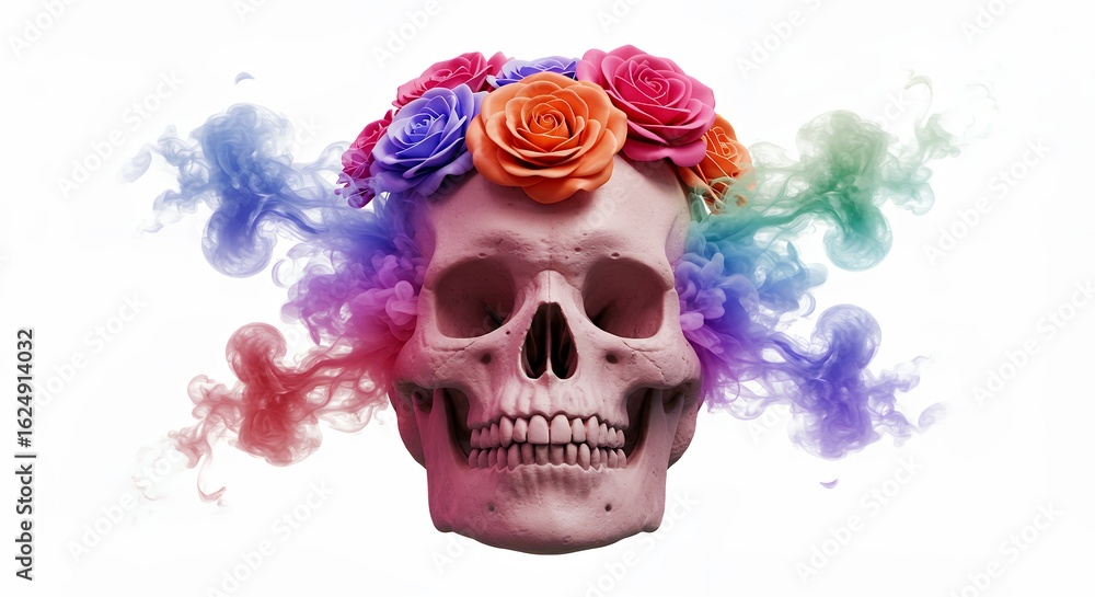 Naklejka premium Colorful skull with floral crown and smoke