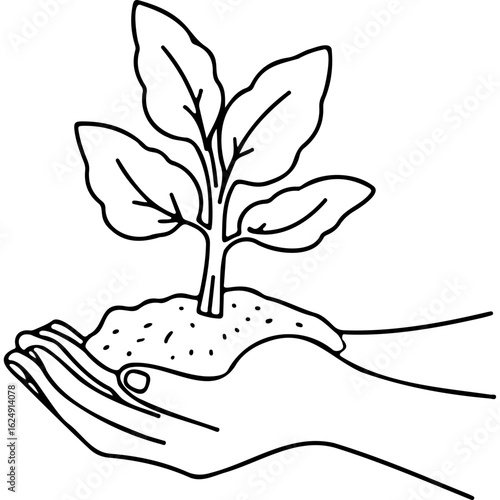 Hands holding small plant with soil emphasizing care for nature and environment 