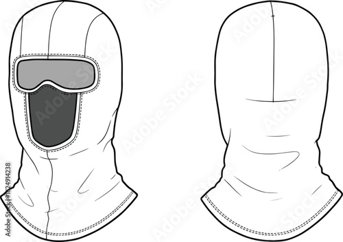 Full face balaclava hood mask vector template front and back view, winter gear design, ski mask, outdoor wear mockup