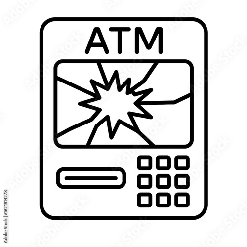Broken ATM icon in outline style symbolizing banking system collapse