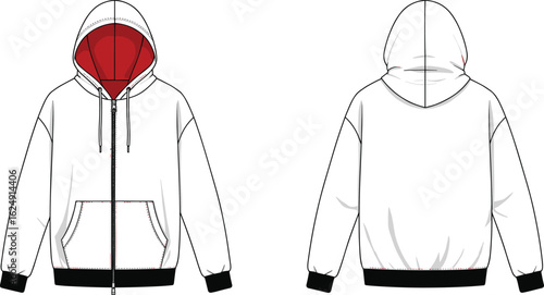 White zip up hoodie with red inner hood, black cuffs, drawstrings, front pocket design, fashion mockup, streetwear apparel template