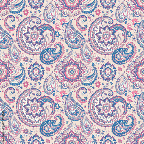 Seamless pink floral paisley pattern for vintage textile design, a decorative vector illustration