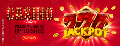 Big win 777 banner. Sign with golden letters. Online casino. Vector illustration