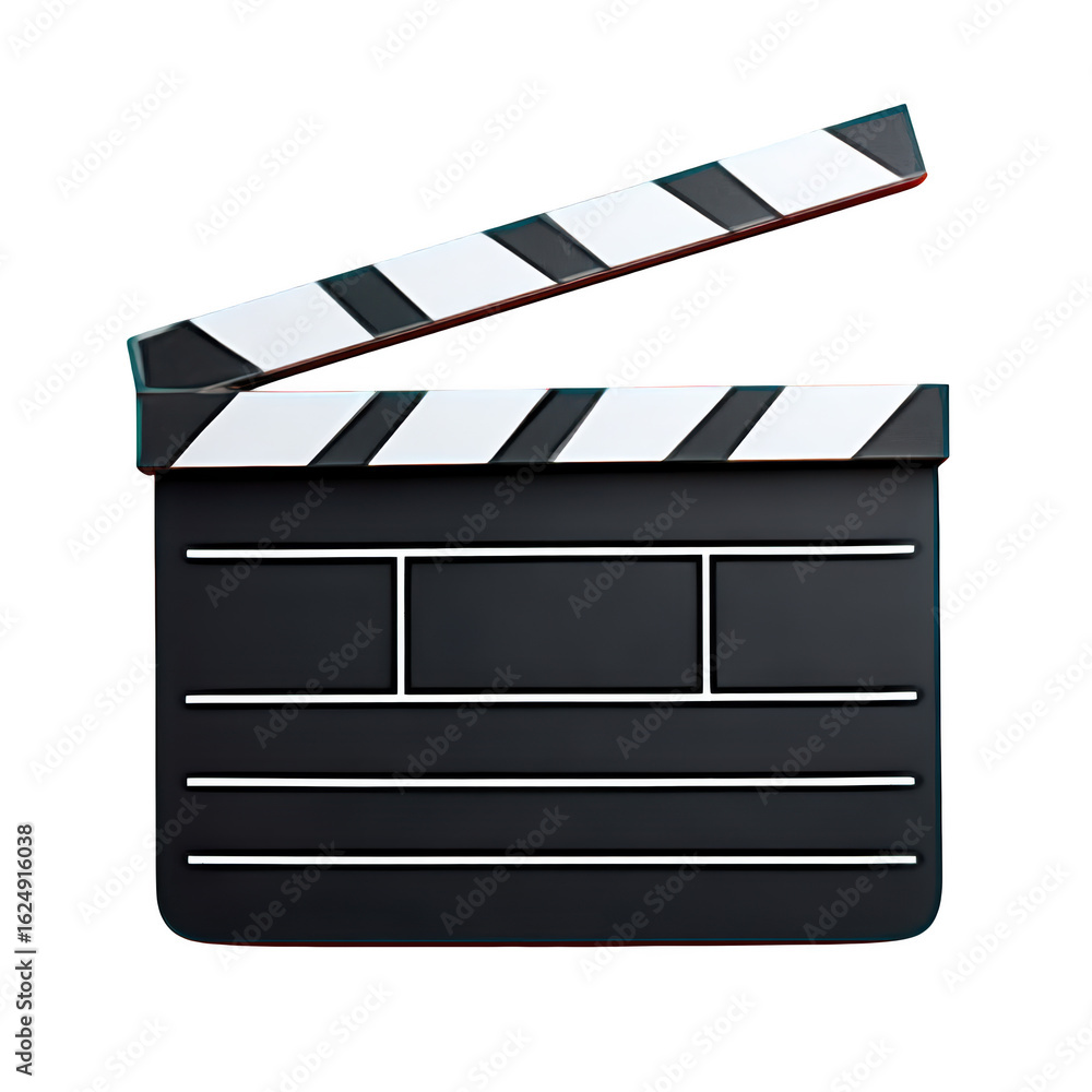Fototapeta premium Black movie clapper board with white stripes and open lid for film production and video recording projects