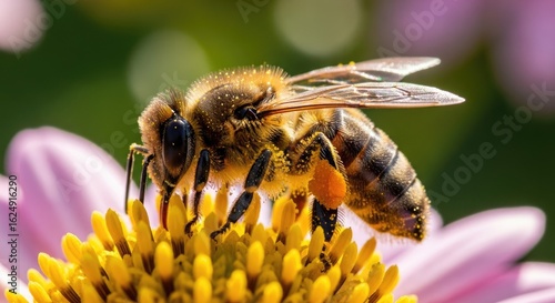 3d icon of closeup of a bee collecting pollen from a vibrant yellow flower transparent background