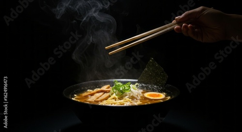 Steaming bowl of ramen noodles with chopsticks and egg