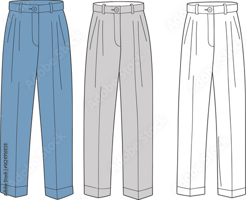 Blue and Gray Tapered Pleated Pants: A Trendy and Stylish Casual Bottom for Men's and Women's Fashion on White Background, Minimalist Vector Illustration