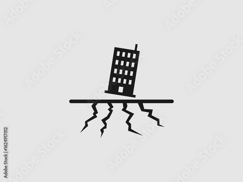 A graphic illustration of a building on a cracked