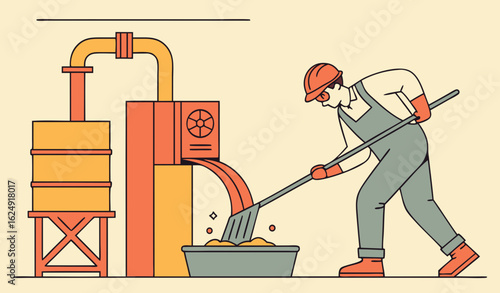 Male character is working in metallurgy industry. Concept of resource mining, smelting of metal in big foundry, hot steel pouring in steel plant. Metallurgy process. Flat cartoon vector illustration
