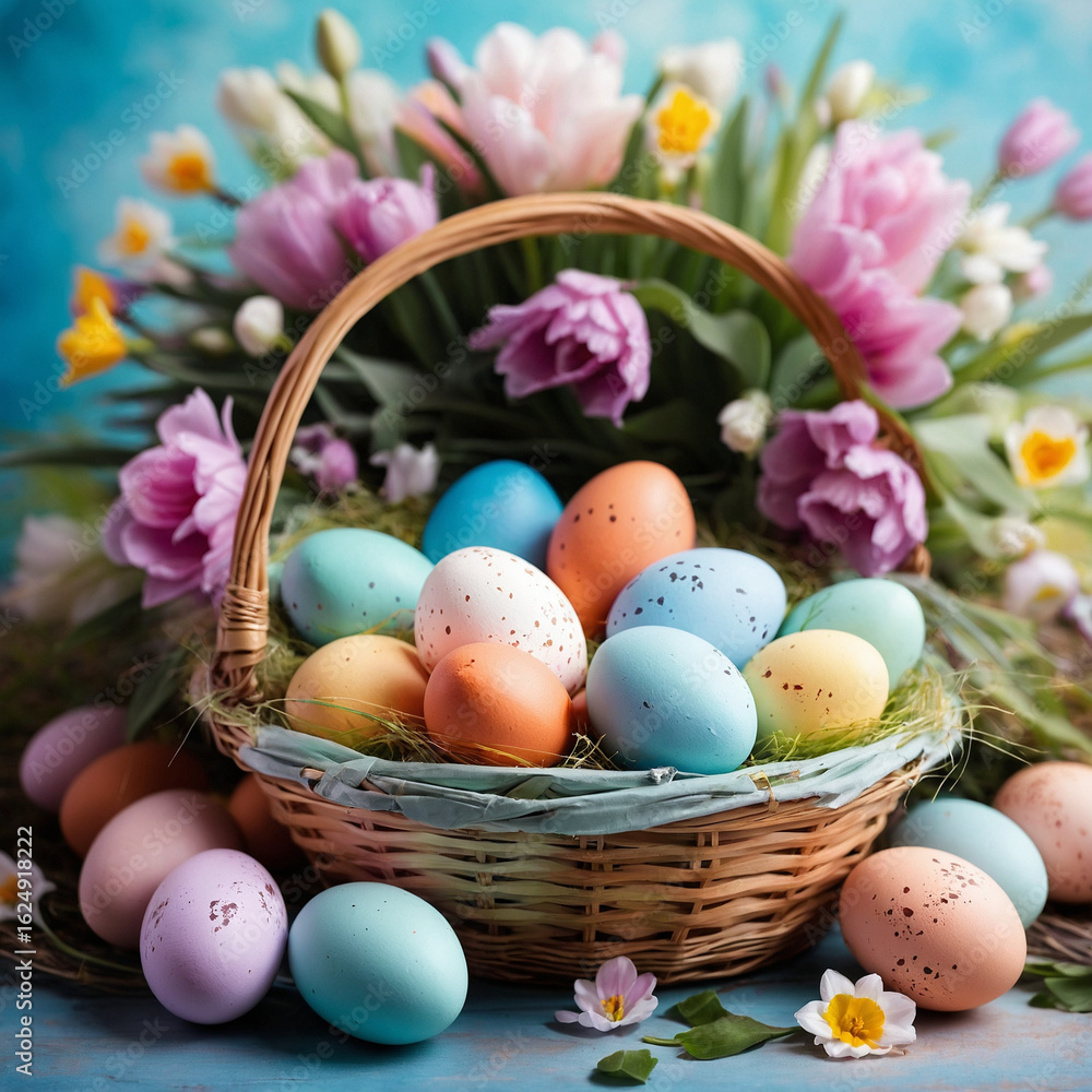 Easter Basket with Pastel Colored Eggs and Spring Floral Arrangement
Easter Basket with Pastel Colored Eggs and Spring Floral Arrangement
