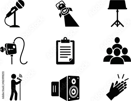 Stage performance equipment and audience vector icon set