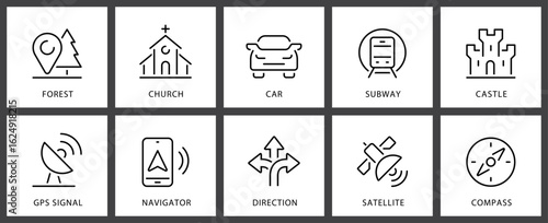 Icons space collection Mega icons, Forest, Church, Car, Subway, Castle, Direction