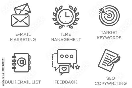 E-Mail Marketing, Times Management, Target Keywords, Bulk Email List, Feedback, SEO, Copywriting