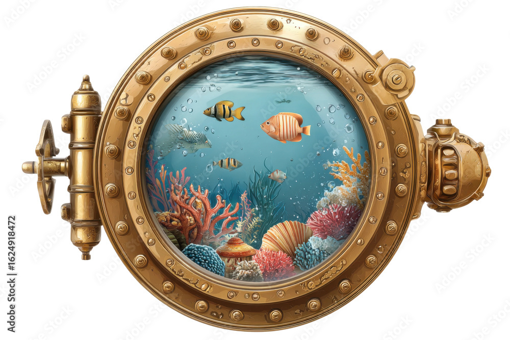 Obraz premium Underwater adventure colorful coral reef viewed through porthole. Isolated on transparent background, png.