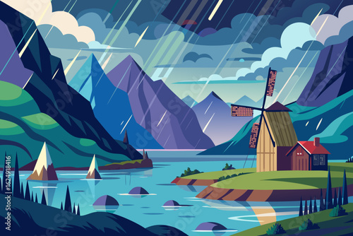 Rainy Fjord Scene with Windmill and Colorful Background 
