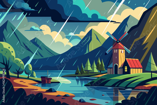 Rainy Fjord Scene with Windmill and Colorful Background 