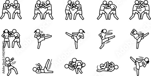 Martial arts fighting poses and combat sports training icons