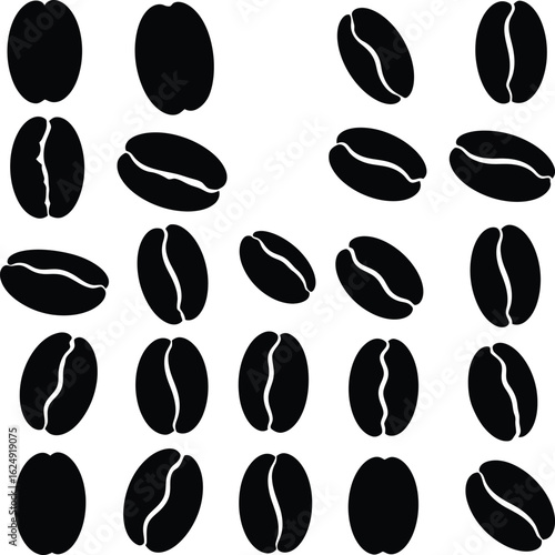 Black Coffee Bean Silhouettes: Diverse Vector Icons of Roasted Coffee Beans, Perfect for Coffee Shops, Cafes, Food & Beverage Branding, and Menu Designs.