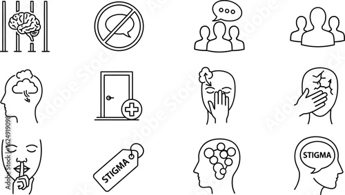 Mental health stigma awareness and support outline icons set