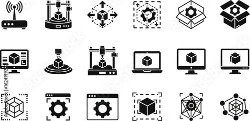 Three d printing design and engineering process icons set